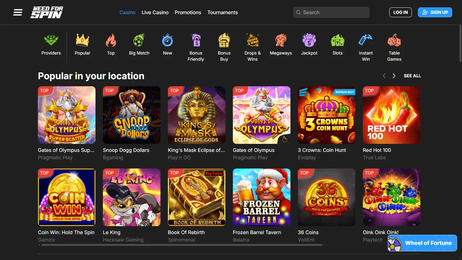 Need for Spin Casino interface screenshot